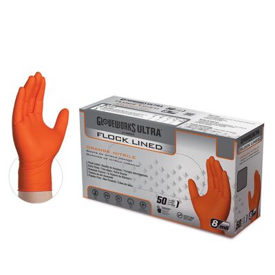 Gloveworks Ultra Flock Lined RDT Orange Nitrile Gloves - 2X-Large