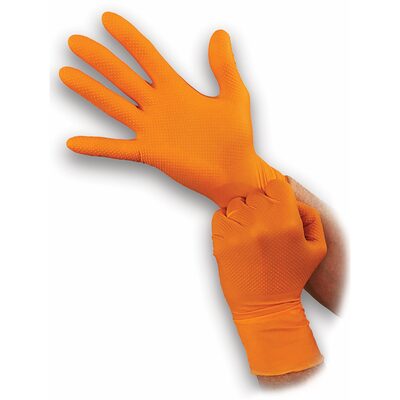 Atlantic Safety Company Super tough orange 8mil powder free nitrile disposable gloves with aggressive diamond grip. Touchscreen compatible, food safe and resists most chemicals. Latex Free. Not for Medical Use. 100/box. XXL