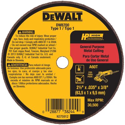 DEWALT 2-1/2" x .035" x 3/8" A60T Metal & Stainless Cutting & Grinding Wheel