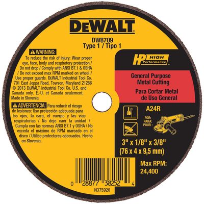 DEWALT 3" x 1/8" x 3/8" A24T Metal & Stainless Cutting & Grinding Wheel
