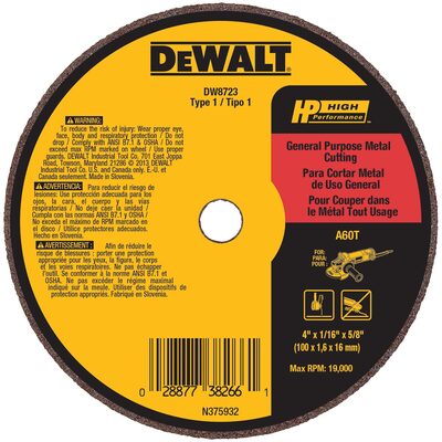 DEWALT 4" x 1/16" x 5/8" A60T Metal & Stainless Cutting & Grinding Wheel