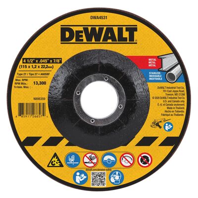 DeWalt 4-1/2 Inch x .045 Inch x 7/8 Inch Type 27 Metal Cutting Wheel
