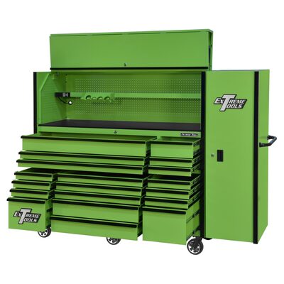 Extreme Tools RX Series 72in W x 25in D Professional Extreme Power Workstation Hutch, 19-Drawer Roller Cabinet-150 lbs Slides and 19in 3-Drawer Side Locker Combo, Green w Black Dr Pulls