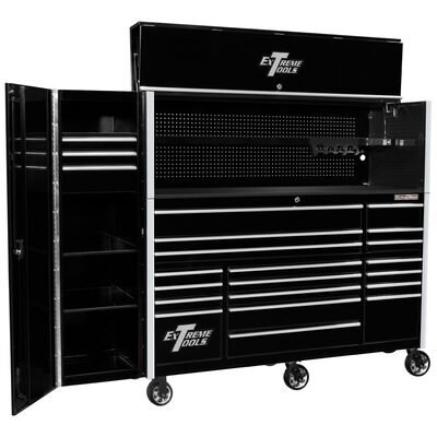 Extreme Tools RX Series 72in W x 25in D Professional Extreme Power Workstation Hutch, 19-Drawer Roller Cabinet-150 lbs Slides and 19in 3-Drawer Side Locker Combo, Black w Chrome Dr Pulls