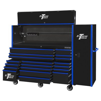 Extreme Tools RX Series 72in W x 25in D Professional Extreme Power Workstation Hutch, 19-Drawer Roller Cabinet-150 lbs Slides and 19in 3-Drawer Side Locker Combo, Black w Blue Dr Pulls