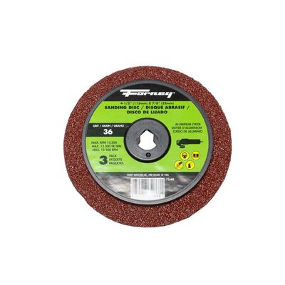 Forney Industries Resin Fibre Sanding Disc, Aluminum Oxide, 4-1/2 in x 7/8 in Arbor, 36 Grit