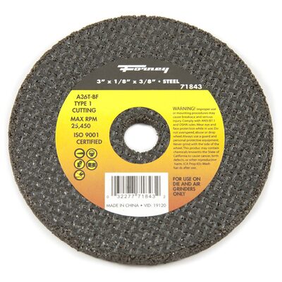 Forney Industries Cut-Off Wheel, Metal, Type 1, 3 in x 1/8 in x 3/8 in