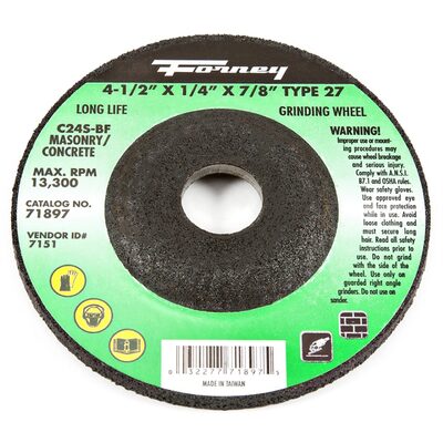 Forney Industries Grinding Wheel, Masonry, Type 27, 4-1/2 in x 1/4 in x 7/8 in