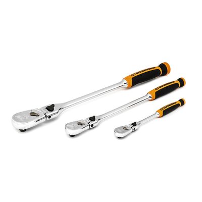 GearWrench 3 Piece 1/4 Inch, 3/8 Inch & 1/2 Inch Drive 90-Tooth Dual Material Locking Flex Head Ratchet Set