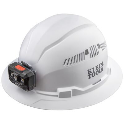Klein Tools Hard Hat, Non-Vented, Full Brim with Rechargeable Headlamp, White