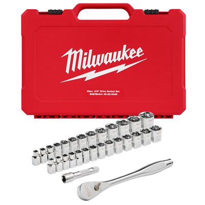 Milwaukee Tool 29pc 3/8" Drive Metric & SAE Ratchet and Socket Set with FOUR FLAT SIDES