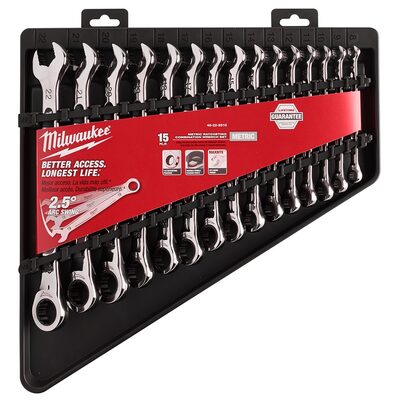 Milwaukee Tool 15pc Ratcheting Combination Wrench Set - 144 Ratcheting Positions Metric
