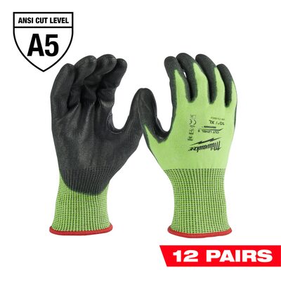 Milwaukee Tool 12 Pair High Visibility Cut Level 5 Polyurethane Dipped Gloves - XL