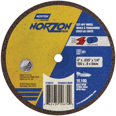 Norton NorZon Plus 10677 Cut-Off Wheel, 4 in Dia, 1/16 in THK Wheel, 3/8 in Center Hole, 19100 rpm