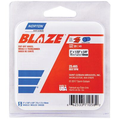 Norton Blaze 71058 Cut-Off Wheel, 3 in Dia, 1/32 in THK Wheel, 3/8 in Center Hole, 25465 rpm