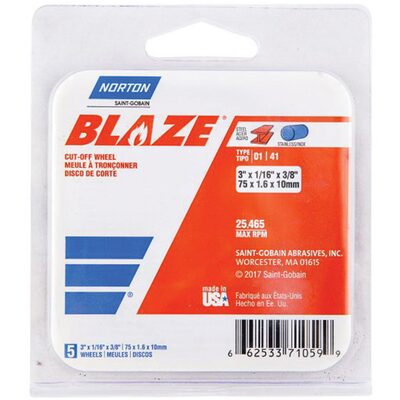 Norton Blaze 71059 Cut-Off Wheel, 3 in Dia, 1/16 in THK Wheel, 3/8 in Center Hole, 25465 rpm