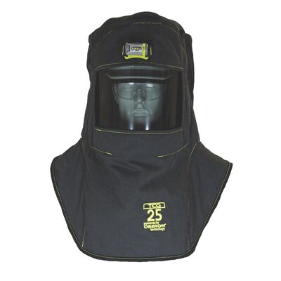 OBERON Hood with Hard Cap - Arc Flash - 25 Cal TCG - Color: Black - Window: True Color Grey (TCG) - With EZ Lift