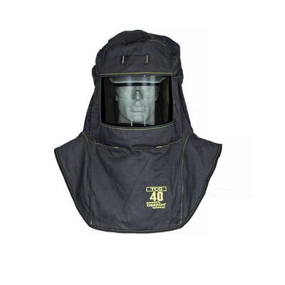 OBERON Hood with A4 Hard Hat Adapters - Arc Flash - 40 Cal TCG - With Fresh Air Arc Flash Hood Ventilation System - Color: Black - Window: True Color Grey (TCG)