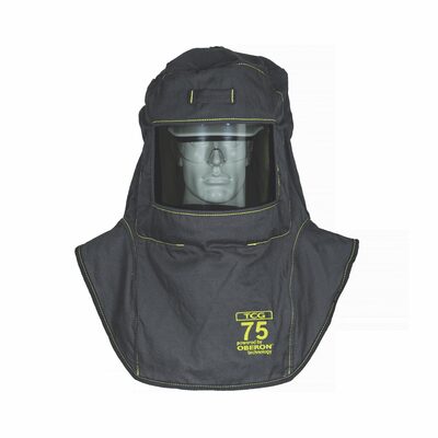 OBERON Hood with A8 Hard Hat Adapters - Arc Flash - 75 Cal TCG - With Fresh Air Arc Flash Hood Ventilation System & Light - Color: Black - Window: True Color Grey (TCG)