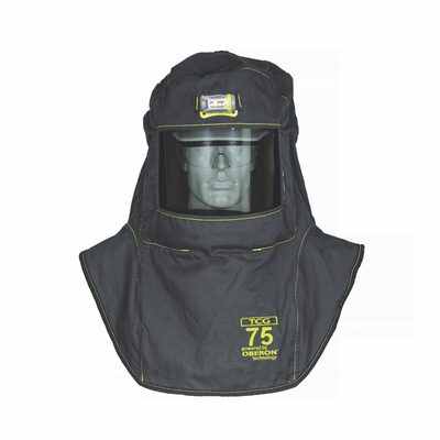 OBERON Hood with Hard Cap - Arc Flash - 75 Cal TCG - With Fresh Air Arc Flash Hood Ventilation System & Light - Canadian - Color: Black - Window: True Color Grey (TCG)