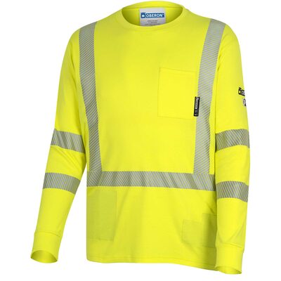 OBERON T-Shirt - Hi-Vis 100% FR/Arc-Rated 7 oz Cotton Interlock - Long Sleeves - 2" Tape - Hi-Vis Yellow - Size: XL