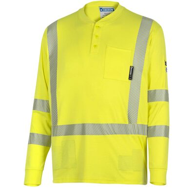 OBERON Henley Shirt - Hi-Vis 100% FR/Arc-Rated 7 oz Cotton Interlock - Long Sleeves - Hi-Vis Yellow - Size: M