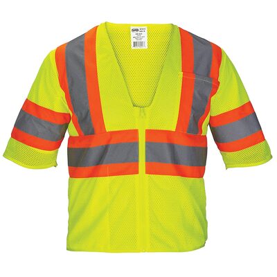 SAS Safety Class-3 Mesh Yellow Safety Vest w/ Front Zipper, L