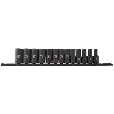 SUNEX 13 Piece 3/8 Inch Drive 12pt Metric Semi-Deep Impact Socket Set on Rail