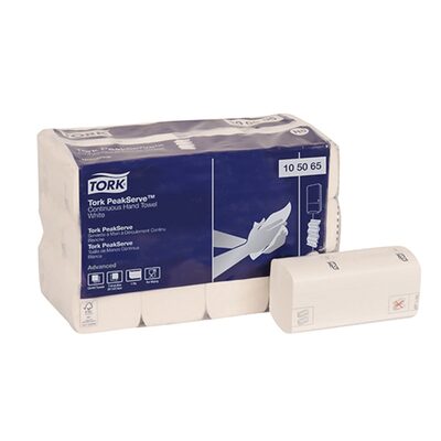 Tork Molnlycke PeakServe 105065 Continuous Hand Towel, 8.85 in L x 7.91 in W, 410, Paper, White, 1 Plys