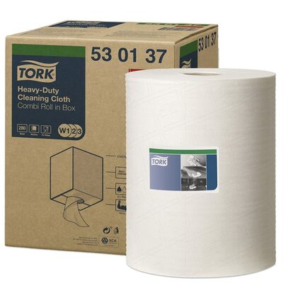 Tork Molnlycke 530137 Heavy Duty Centerfeed Cleaning Cloth, 9.84 in Dia x 349 ft L x 12.59 in W Roll, 280, Spunlace, White