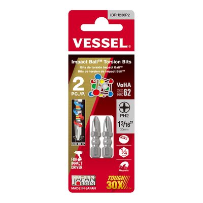 Vessel Tools Impact Ball Torsion Bits PH2X30 2PC (Carded)