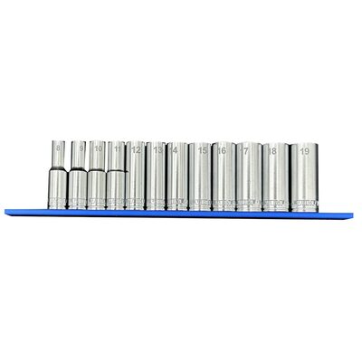VIM Tools 12 Piece 3/8 Inch Drive Deep Metric Socket Set with 12 Inch Blue Magrail - SMS600 Subset