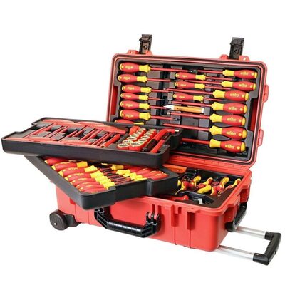 Wiha Tools Insul. 80 Piece Tool Set w/ Screwdrivers, Nut Drivers, Pliers, Cutters, Ruler, Knife, Sockets in 22" L x 13 3/4" W x 9" H Rolling Tool Case