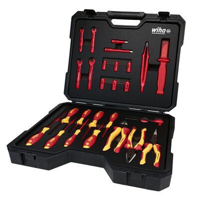 Wiha Tools Insulated 26 Piece Tool Set with Sockets, Ratchets, Extension Bars, Wrenches, Pliers, Cutters, Screwdrivers, Cable Stripping Knife, and Tweezers in 18.11" L x 14.56" W x 4.33" H Tool Case.